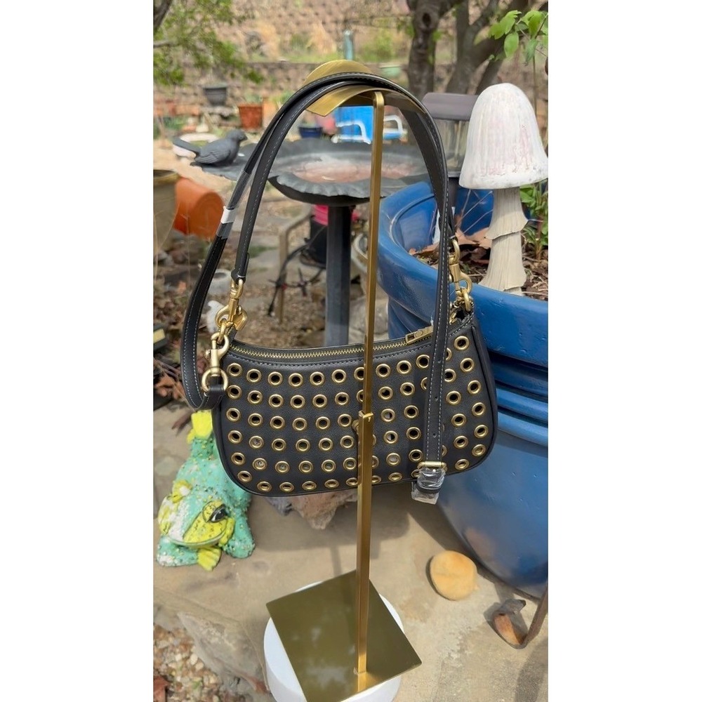Coach Black Leather Grommet Shoulder Bag Gold Studs CY646 NWT - Picture 9 of 16